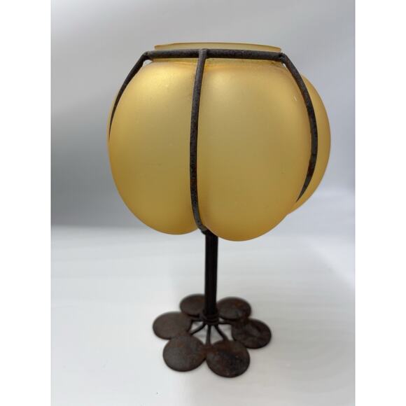 Vintage Art Deco Handblown Caged Amber Glass Wrought Iron Pedestal Candle Holder